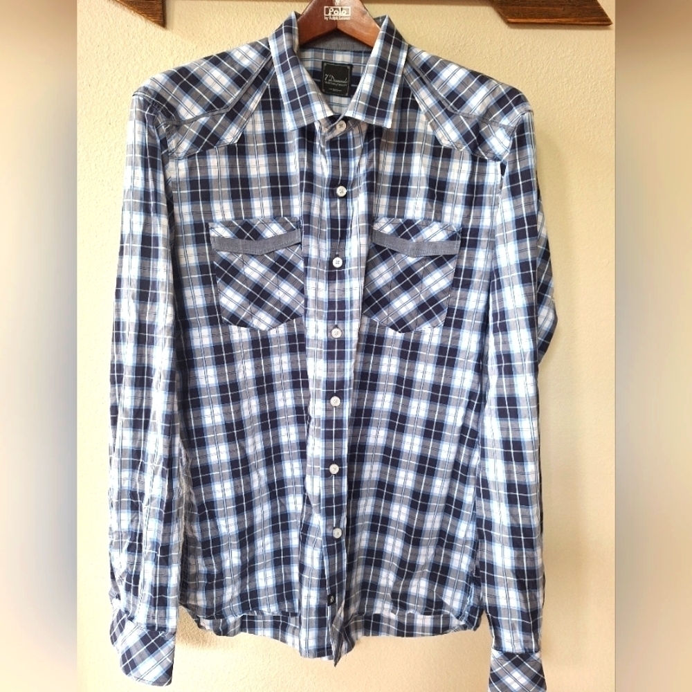 7 Diamonds Mens Blue/White Plaid Button Down Long Sleeve Shirt Size XL